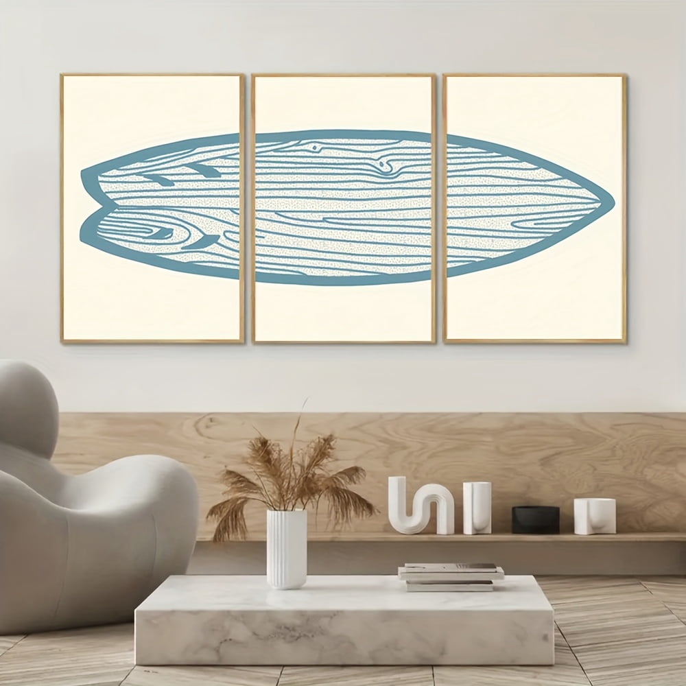 3pcs Blue Spliced Surfboard Cartoon Wall Art Prints - Modern Minimalist Matte Canvas Paintings, Frameless Pre-Mounted Coastal Decor for Bathroom, Living Room & Home Office, Textured Background & Reu