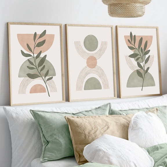 3pcs Bohemian Art Deco Wall Art Set, Geometric Botanical Canvas Prints, Spring Minimalist Sage Green Posters, Unframed Artwork for Living Room, Bedroom, Office - Indoor Portrait Orientation