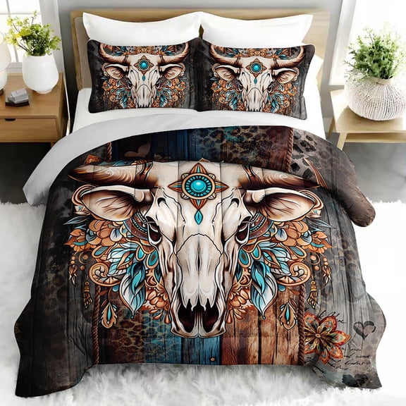 3pcs Bohemian Bull Skull Comforter Set, Western Native Bedding Set for Bedroom or Guest Room Decor, All Seasons Quilt Machine Washable Duvet with 2 Pillowcases