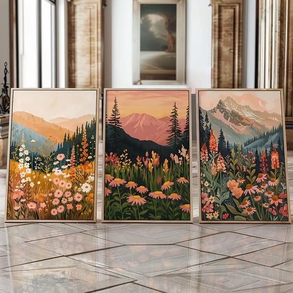 3pcs Bohemian Floral & Landscape Canvas Art Prints - Frameless Modern Minimalist Daisy & Wildflower Posters for Home Office, Living Room, Bedroom - Art Deco Style Spring & Summer Themed Wall Hanging
