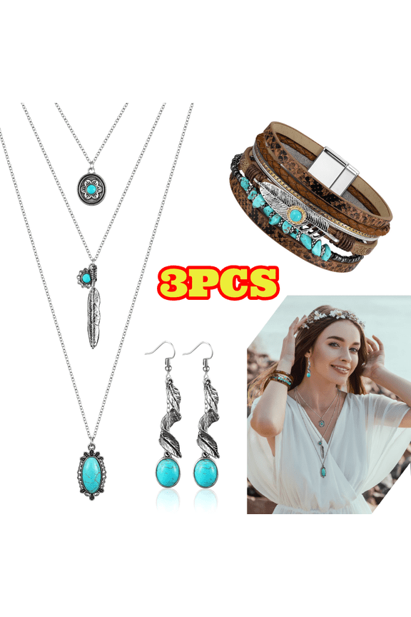3pcs Bohemian Western Turquoise Jewelry for Women Pendant Necklace Dangle Earrings Bracelet Gift for Christmas