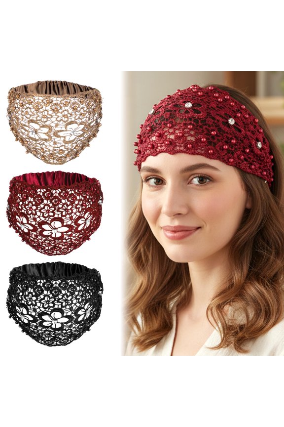 3pcs Boho-Chic Crystal & Pearl Embellished Wide Headbands, Wide Boho Pearl Headband for Wome, Floral Beaded Lace Elastic Headband Suitable for Daily Wear and Weddings Stylingvarious Holidays