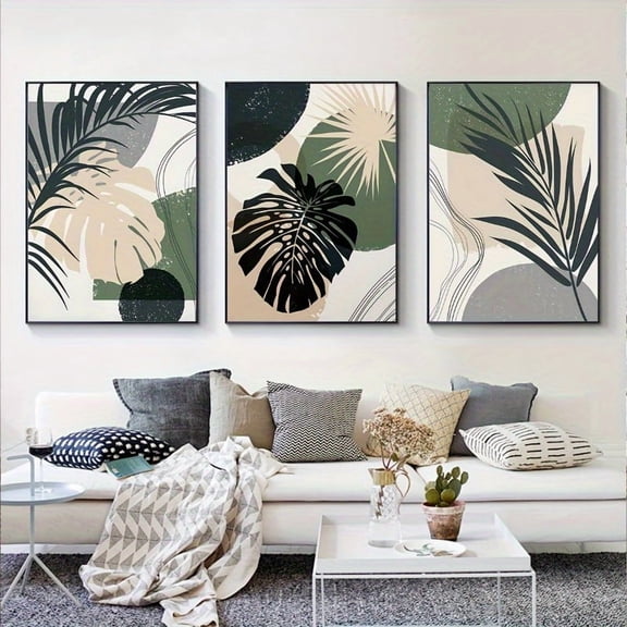 3pcs Boho Chic Plant Canvas Painting Wall Art Set, Modern Minimalist Decor in Dark Green, Beige, Gray, Black | Perfect for Living Room, Bedroom, Home Office, Valentine'S day, Easter eggs, Poster Unf