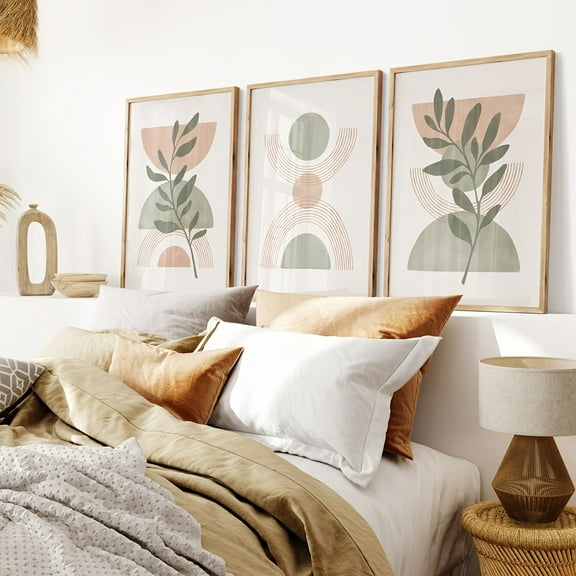 3pcs Boho Chic Wall Art Set - Sage Green & Blush Pink, Mid-Century Modern Prints, Frameless Botanical Posters for Living Room, Bedroom, Office, or Cafe Decor, Abstract Plant Design, Bohemian Style,