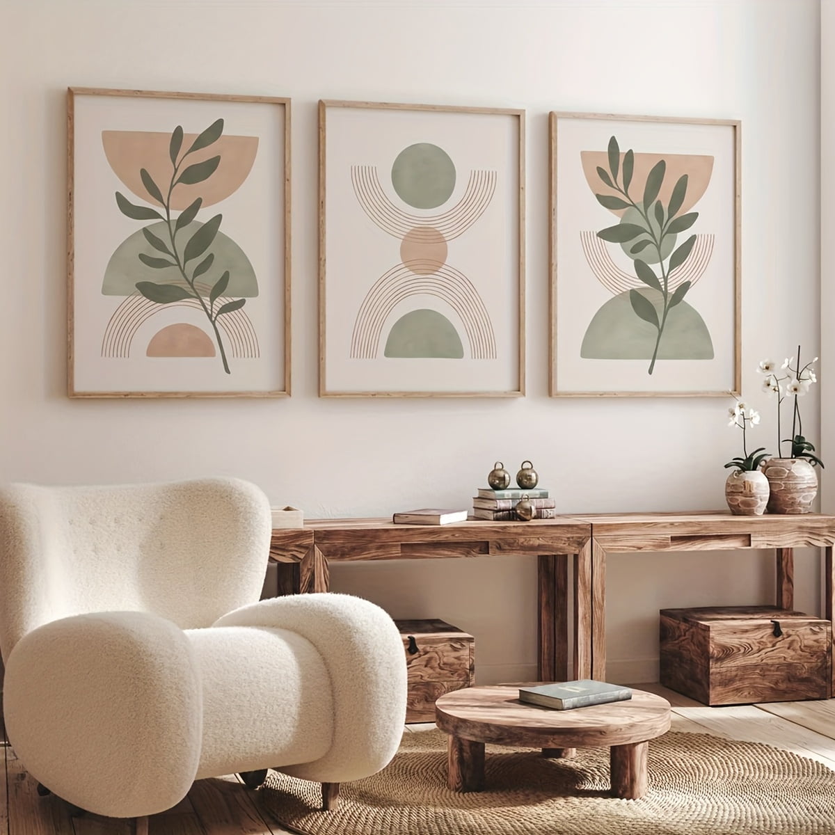 3pcs Boho Chic Wall Art Set Sage Green & Blush Pink, MidCentury — free download