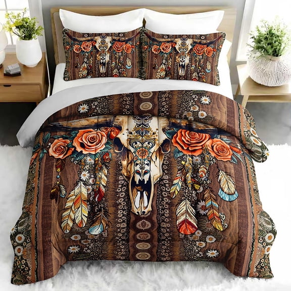 3pcs Boho Longhorn Skull Floral Comforter Set, Southwestern Bedding Set for Bedroom or Guest Room Decor, All Seasons Quilt Machine Washable Duvet with 2 Pillowcases