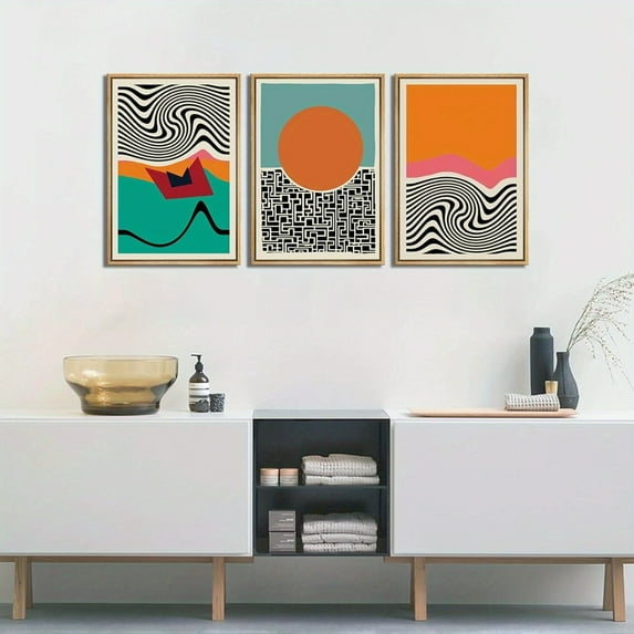 3pcs Boho Mid Century Modern Canvas Wall Art Abstract Color Block Geometric Posters Prints Colorful Simple Line Wall Decor Pictures for Living Room Bedroom Home Decoration Unframed, 2D Flat, Perfect