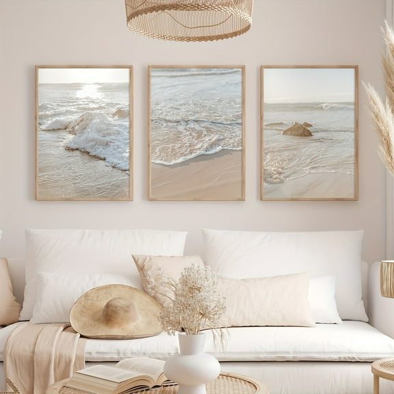 3pcs Boho Neutral Beige Seaside Beach Coastal Scenery Canvas Wall Art Prints, Ocean Poster, Modern Art, Sunset Seaside Print, Natural Scenery Wall Decor, Ideal Gift for Bedroom Living Room Corridor,