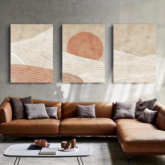 3pcs Boho Sun Mountain Canvas Prints, Modern Geometric Landscape Wall Art, Frameless Aesthetic Posters for Living Room Home Decor, Unframed Geometric Painting Pictures