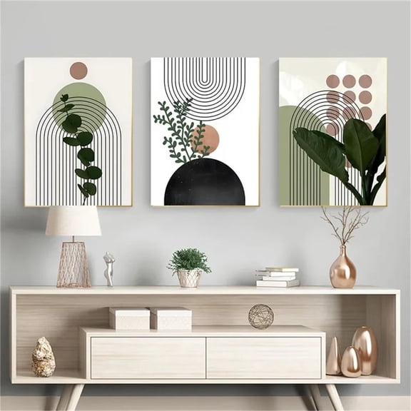 3pcs Boho Tropical Art Green Plants Canvas Wall Art Poster Abstract Sketch Line Leaves Painting Picture Aesthetic Bedroom Decor