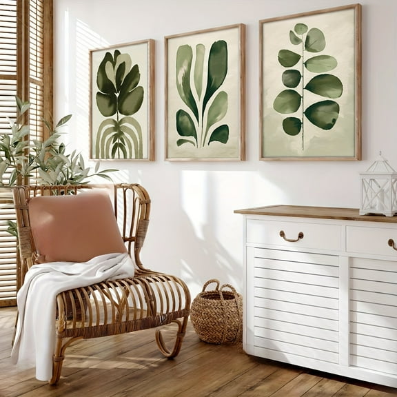 3pcs Boho Wall Art Print, Scandinavian Decor, Botanical Art Print, Green Ink Watercolor Plant Flower Posters Boho Minimalist Decoration, Modern Wall Picture for Living Room Bedroom Home Decoration,