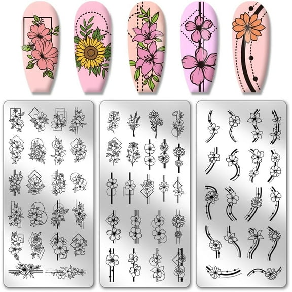 3pcs Border Flowers Nail Stamp Plates Geometric Line Flowers Nail Stamper Plant Nail Art Stencils Print Nail Stencils Stainless Steel Manicure Salon