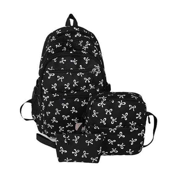 3pcs Bow Backpack for Women, 2025 New Bow Backpack Bags Set, Cute Kawaii Preppy with Lunch Bag and Pencil Case Backpack Set, Coquette Nylon Backpack With Bow Pattern (Black)