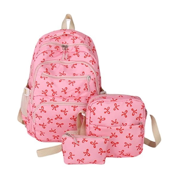 3pcs Bow Backpack for Women, 2025 New Bow Backpack Bags Set, Cute Kawaii Preppy with Lunch Bag and Pencil Case Backpack Set, Coquette Nylon Backpack With Bow Pattern (Hot Pink)