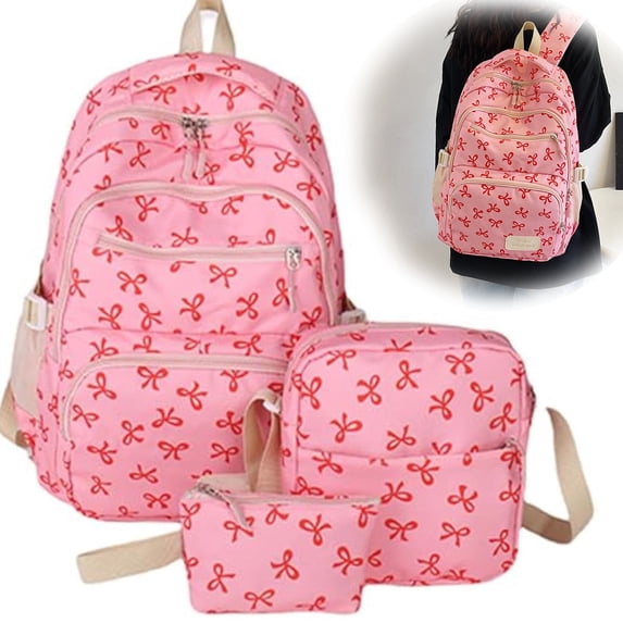 3pcs Bow Pink Backpack ,Cute Kawaii Backpacks Set Large Capacity,Nylon Coquette Backpack With Bow Pattern,with Lunch Tote and Pencil Pouch