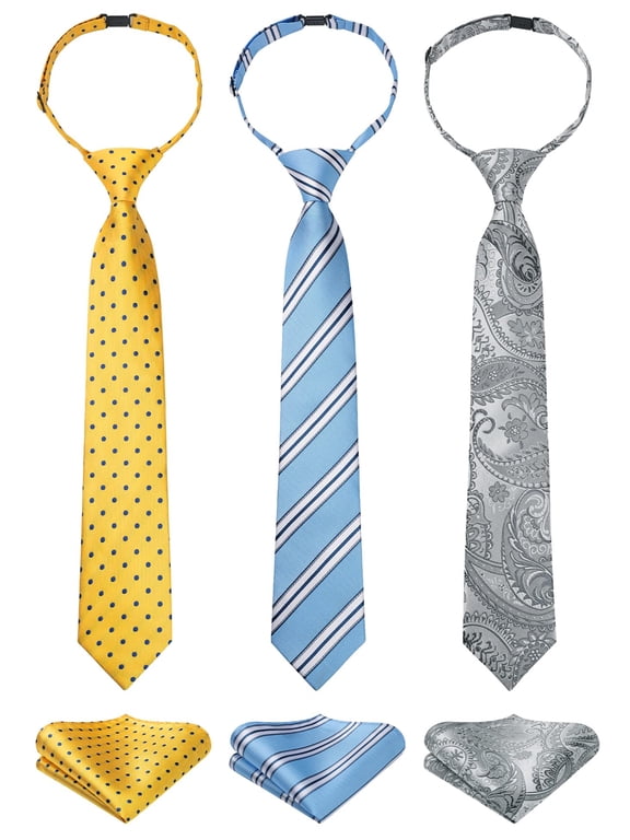 3pcs Boys Pre-Tied Neckties & Pocket Square Set Adjustable Neck Strap Tie for Kids School Boys Ties