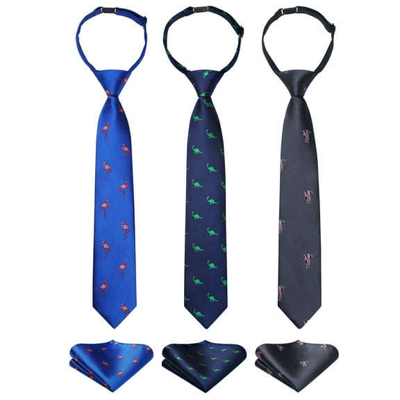 3pcs Boys Pre-Tied Neckties & Pocket Square Set Adjustable Neck Strap Tie for Kids School