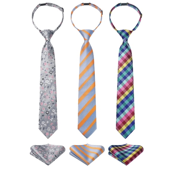 3pcs Boys Pre-Tied Neckties & Pocket Square Set Adjustable Neck Strap Tie for Kids School Boys Ties