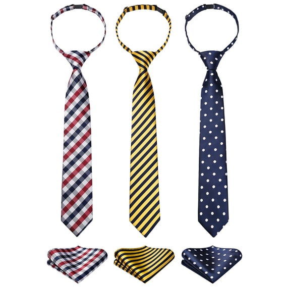 3pcs Boys Pre-Tied Neckties & Pocket Square Set Adjustable Neck Strap Tie for Kids School Boys Ties