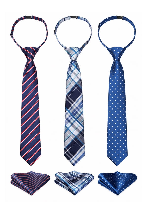 3pcs Boys Pre-Tied Neckties & Pocket Square Set Adjustable Neck Strap Tie for Kids School Boys Ties