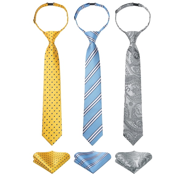 3pcs Boys Pre-Tied Neckties & Pocket Square Set Adjustable Neck Strap Tie for Kids School Boys Ties
