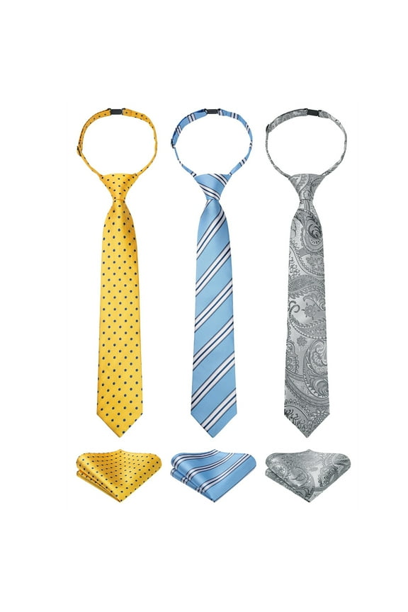 3pcs Boys Pre-Tied Neckties & Pocket Square Set Adjustable Neck Strap Tie for Kids School