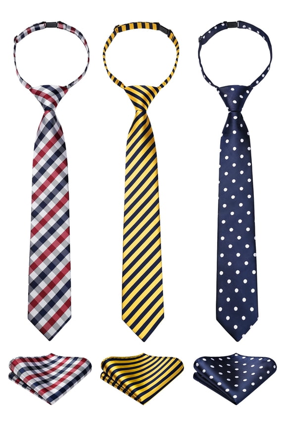 3pcs Boys Pre-Tied Neckties & Pocket Square Set Adjustable Neck Strap Tie for Kids School