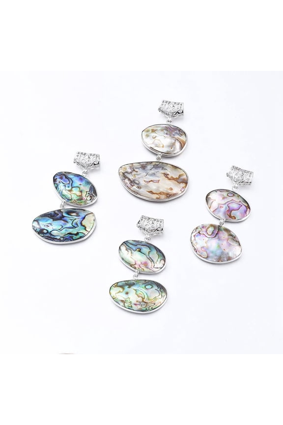 3pcs Brass Abalone Shell Oval Big Pendants with Scarf Bail Beads 53~63x30~40x6.5mm Hole: 7x3mm