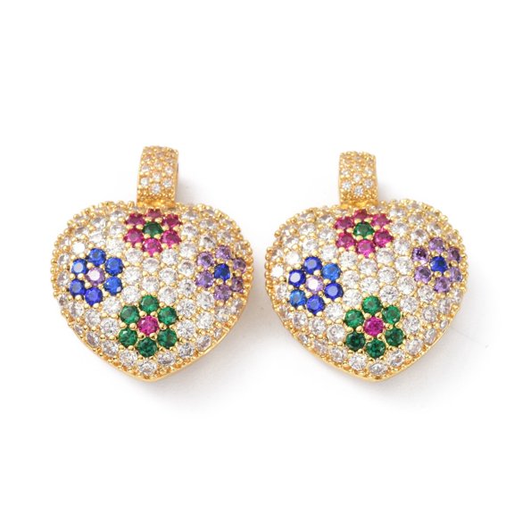 3pcs Brass Cubic Zirconia Pendants with Jump Ring Long-Lasting Plated Lead Free & Cadmium Free Heart Colorful 30x24x9.5mm Hole: 4x5.5mm