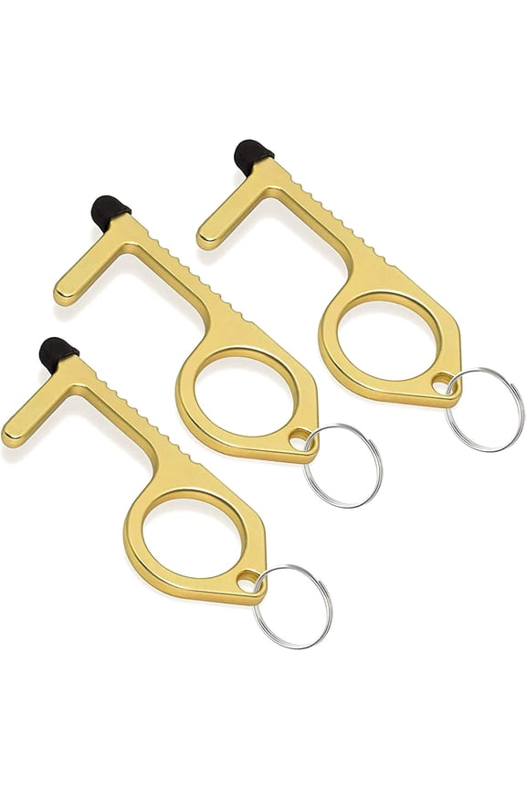 3pcs Brass Door Opener Keychain Tool - Touchless Key for Handles, Button Pusher Stylus, and Key Ring - Handy Utility Tool - by
