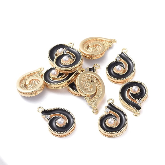 3pcs Brass Enamel Pendants with Acrylic Pearl and Rhinestone Conch Shape golden Black 16.5x11x4.4mm Hole: 1mm