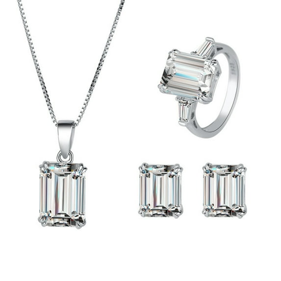 3pcs Bridal Jewelry Sets for Wedding White CZ Sterling Silver Necklace Earrings Rings Women Jewelry Set for Bridesmaid Bride Wife Costume Accessories