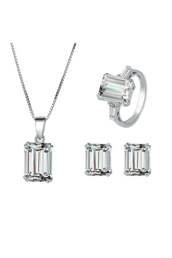 3pcs Bridal Jewelry Sets for Wedding White CZ Sterling Silver Necklace Earrings Rings Women Jewelry Set for Bridesmaid Bride Wife Costume Accessories