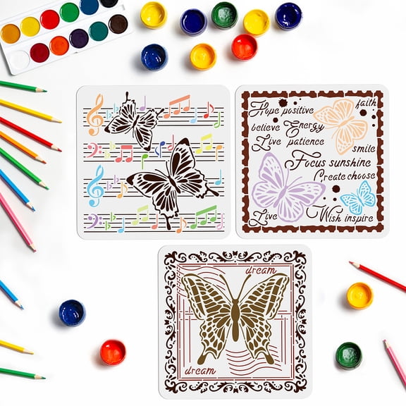 3pcs Butterfly Stencils for Painting Vintage Butterfly Words Music Template 11.811.8inch Reusable Stencils for DIY Fabric Floor Home Decor Craft