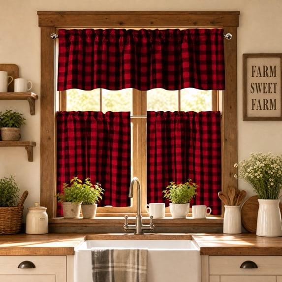 3pcs Cafe Curtain Set, One Top Valance and Two Lower Panels, Light Filtering Thermal Window Covering for Kitchen Bathroom Basement Laundry Room and Small Windows, B-Wine
