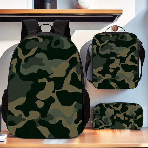 3pcs Camouflage Pattern Backpack Set | Includes Large Capacity Casual Double Shoulder Backpack, Pencil Bag, And Lunch Box | Hand