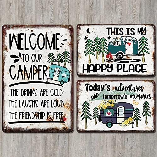 3pcs Camping Signs Decor for Camper - Vintage Metal Tin Signs, Rustic Camper Decor for Inside, Outside and RV Wall Decorations Art, 8 x 12 inch