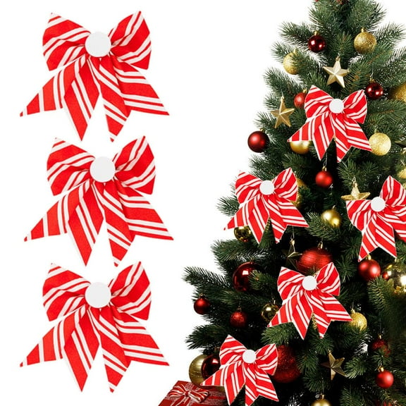 3pcs Candy Cane Stripes Bow Christmas Tree Decorations,Red and White Christmas Bows,Craft Ribbon Ornament for Wreath Garland Ribbon Door Window Outdoor Party Decor