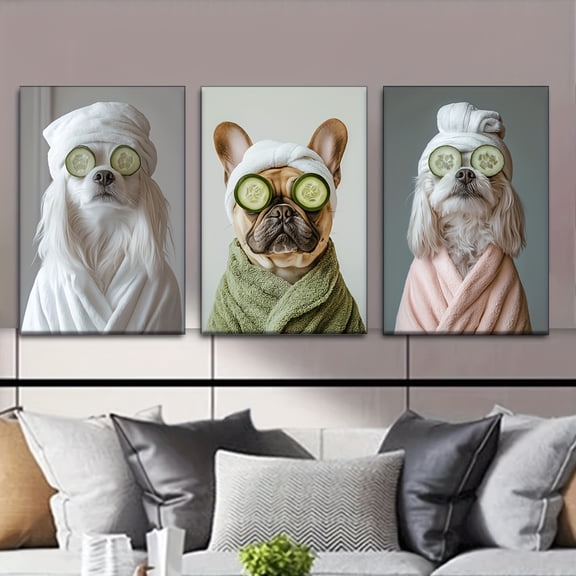 3pcs Canvas Art Set - Dogs in Spa Bathrobes, Unframed Wall Decor for Living Room, Office, Cafe - Perfect Gift for Valentine's Day, Birthdays, Holidays, 2D, Perfect for Room Decor