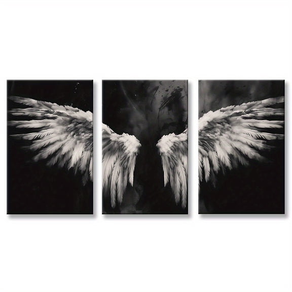 3pcs, Canvas Painting--unframeless, Black and white art of two large angel wings, Living Room Bedroom Canvas Painting Light Luxury Living Room Background Wall Painting Studio Hallway Art Hanging Pai
