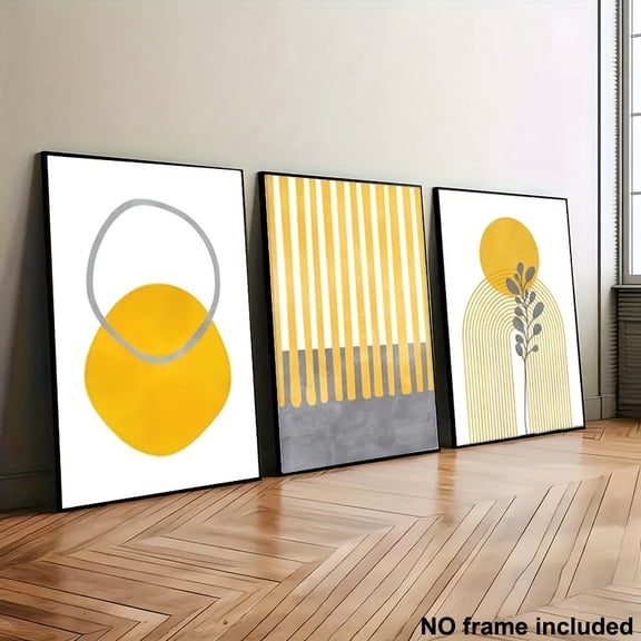 3pcs, Canvas Paintings, Frameless, 3pcs Decorative Art Set with Multiple Sizes, Versatile Wall Decor for Any Room - Stylish Medieval Art, Mustard Yellow and Gray Geometric Abstract, Modern Floral Art