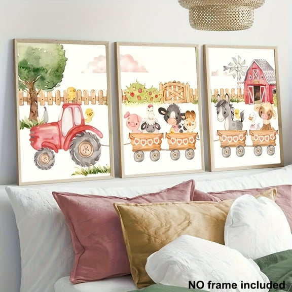 3pcs, Canvas Paintings without Frame, 3pcs Decorative Art Set with Various Sizes, Farm Nursery Animals Barnyard Tractor Print on Canvas for Girls' Room Wall Art Home Decoration Mother's Day Gift