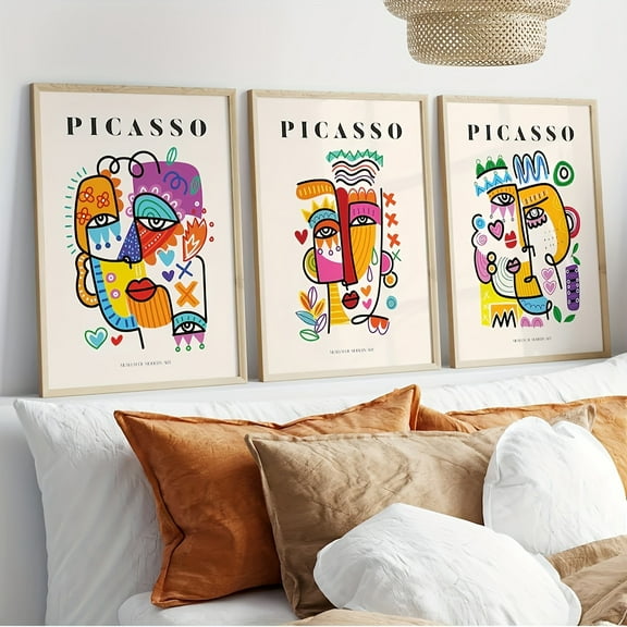 3PCS Modern Art Unframed Canvas Poster, Picasso Exhibition-Inspired Beige Abstract Vintage Minimalist Wall Art Prints for Bedroom Living Room Corridor Decoration