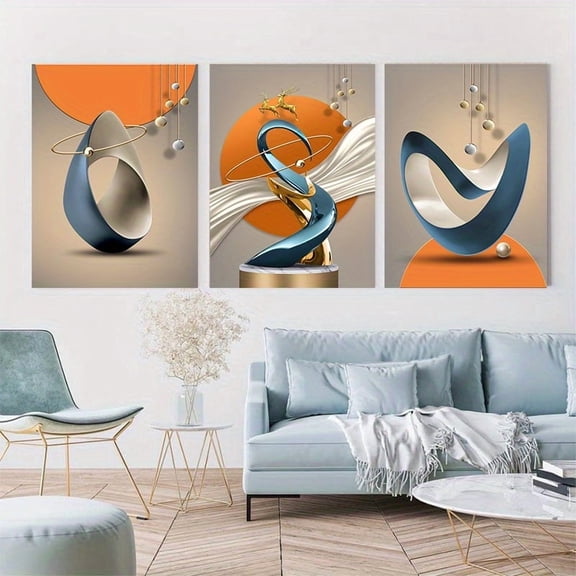 3pcs Canvas Wall Art, Cuadros para Sala, Modern Abstract Blue and Orange Shape Picture, Framed Wall Art, Wall Decor for Bedroom, Wall Decor Living Room, Living Room Decor, Home Decor, Room Decor Aest