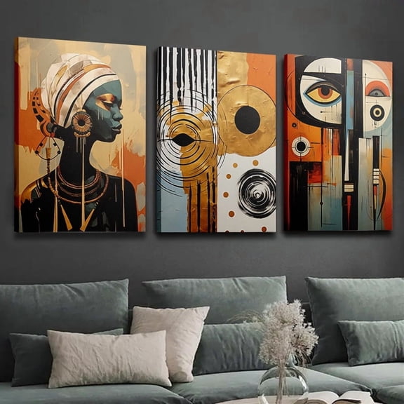 3pcs Canvas Wall Art for Living Room, African Woman Portrait and Abstract Geometric Picture, Black Gold Tribal Art 3 Panel Artwork, Framed Wall Decor for Bedroom Office