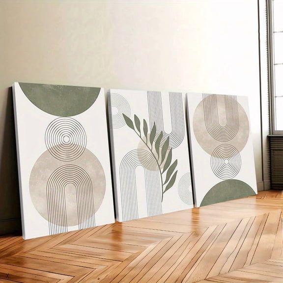 3pcs Canvas Wall Art for Living Room, Minimalist Abstract Geometric Arch and Leaves Picture, Sage Green and Beige Boho 3 Panel Artwork, Framed Wall Decor for Bedroom Office