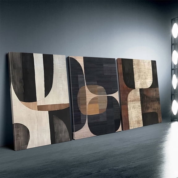3pcs Canvas Wall Art for Living Room, Modern Abstract Geometric Shapes Picture, Brown Beige Black Wooden Texture 3 Panel Artwork, Framed Wall Decor for Bedroom Office Dining Room