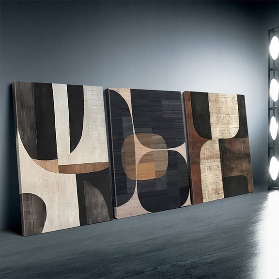 3pcs Canvas Wall Art for Living Room, Modern Abstract Geometric Shapes Picture, Brown Beige Black Wooden Texture 3 Panel Artwork, Framed Wall Decor for Bedroom Office Dining Room