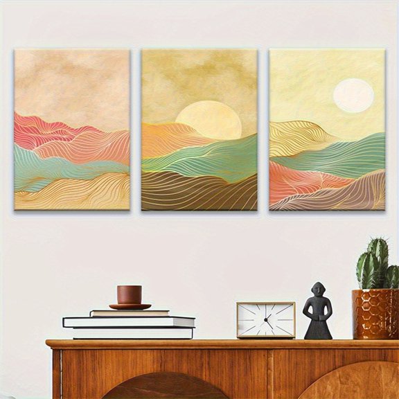 3pcs Canvas Wall Art-& Moon Sunset Sunrise Paintings, Bohemian Mid-Modern Abstract Minimalist Decor, Handmade in USA, Ready-to-Hang Living Room, Bedroom, Home Decor, Wall Pictures Home Decor, Highqu