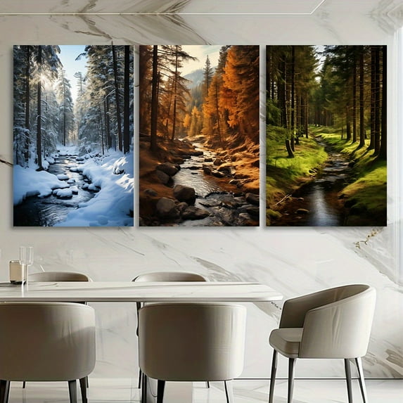 3pcs Canvas Wall Art Painting - Seasonal Pine Forest Landscape - Frameless Nature Themed Art Print for Living Rooms, Bedrooms, Hallways, Weddings, Ramadan, Easter, Halloween, Engagement, Graduation